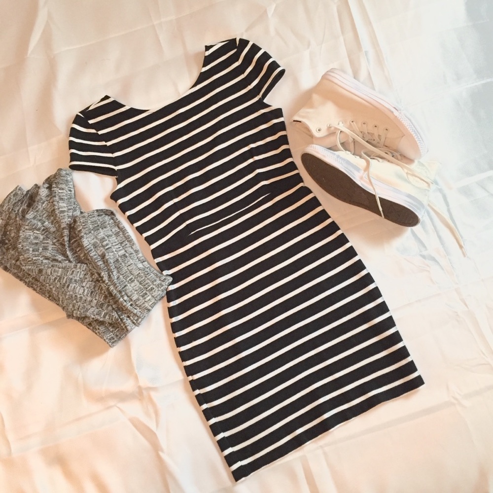 B&W Striped Capped Sleeve Dress